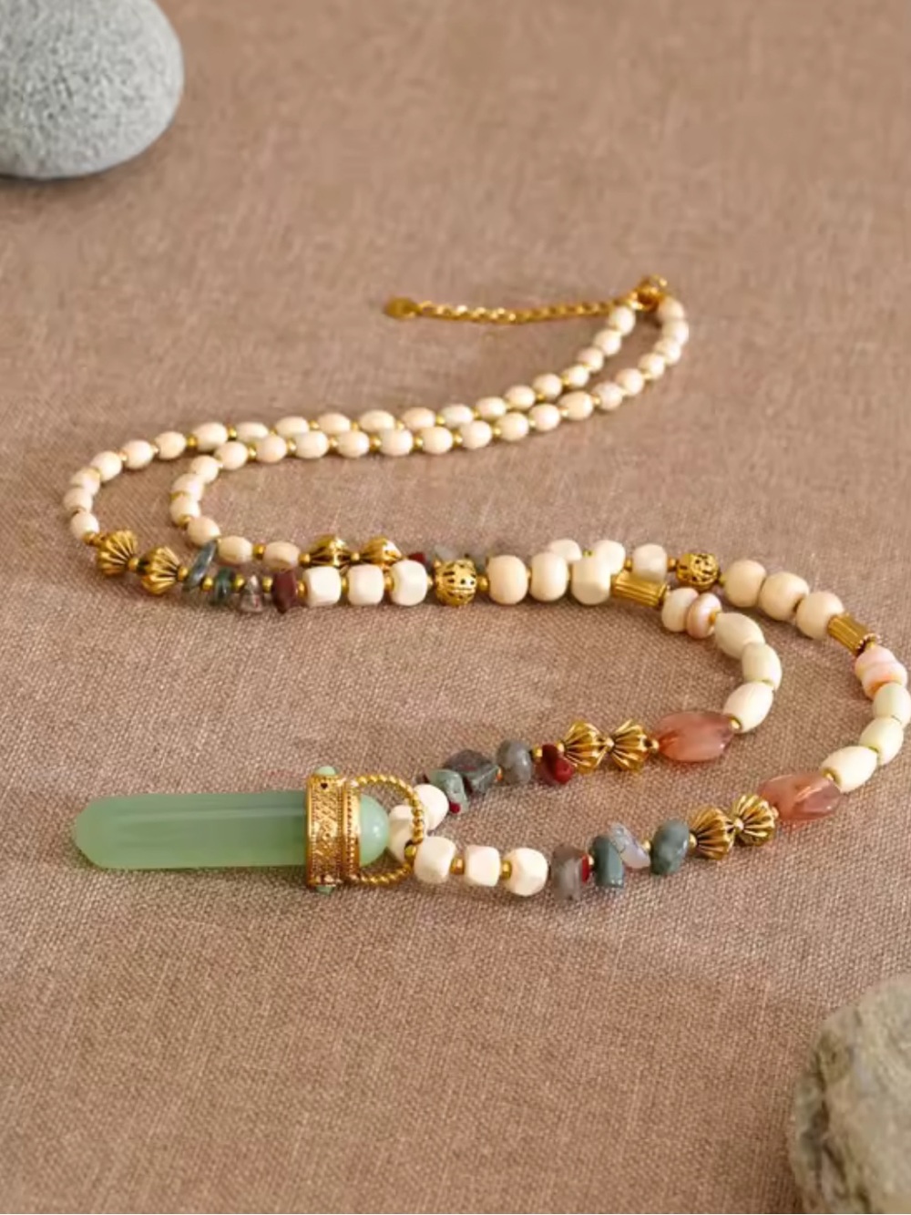 Green Jade Beaded Artisan Long Necklace - Picture 9 of 15